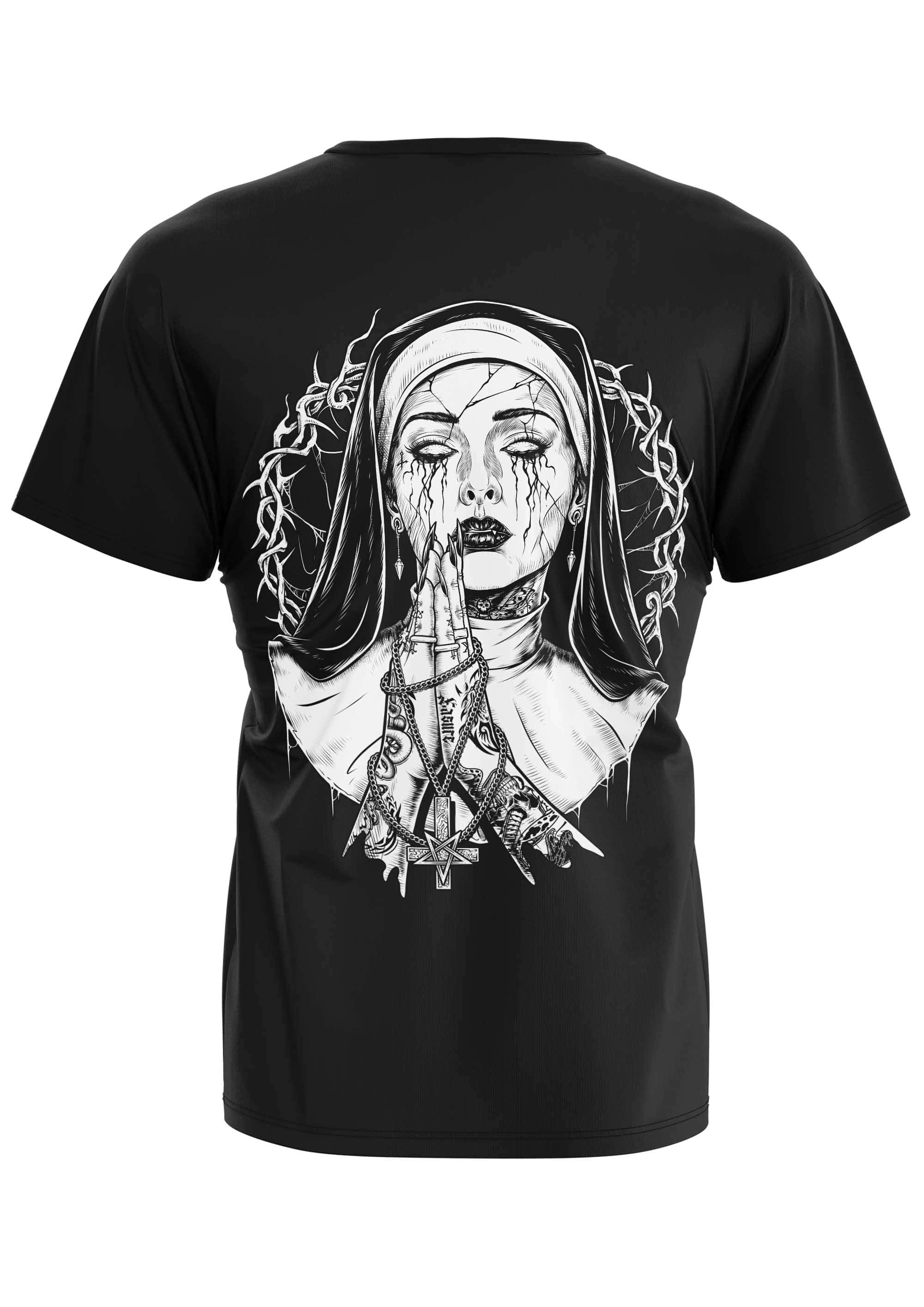 Schwarzes kurzarmshirt mit gothic horror design einer betenden nonne mit ketten und dornen auf dem rücken